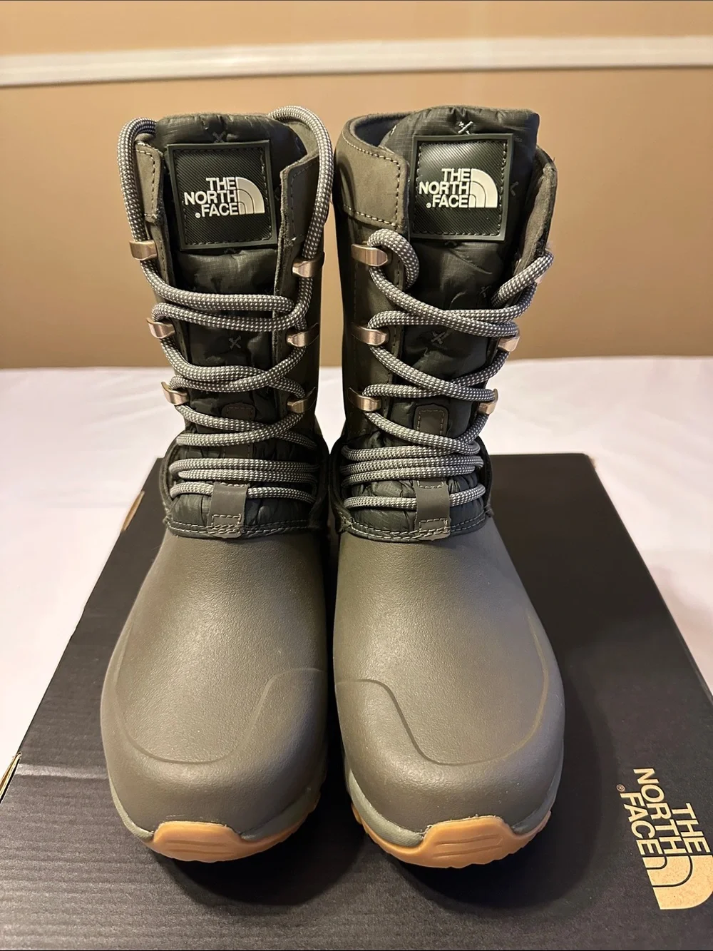 The North Face Women's Taupe/Green Insulated Winter Boots with Tan Outsoles .